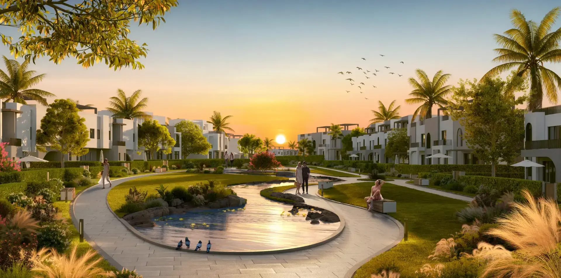 O West landscaped neighborhood at sunset
