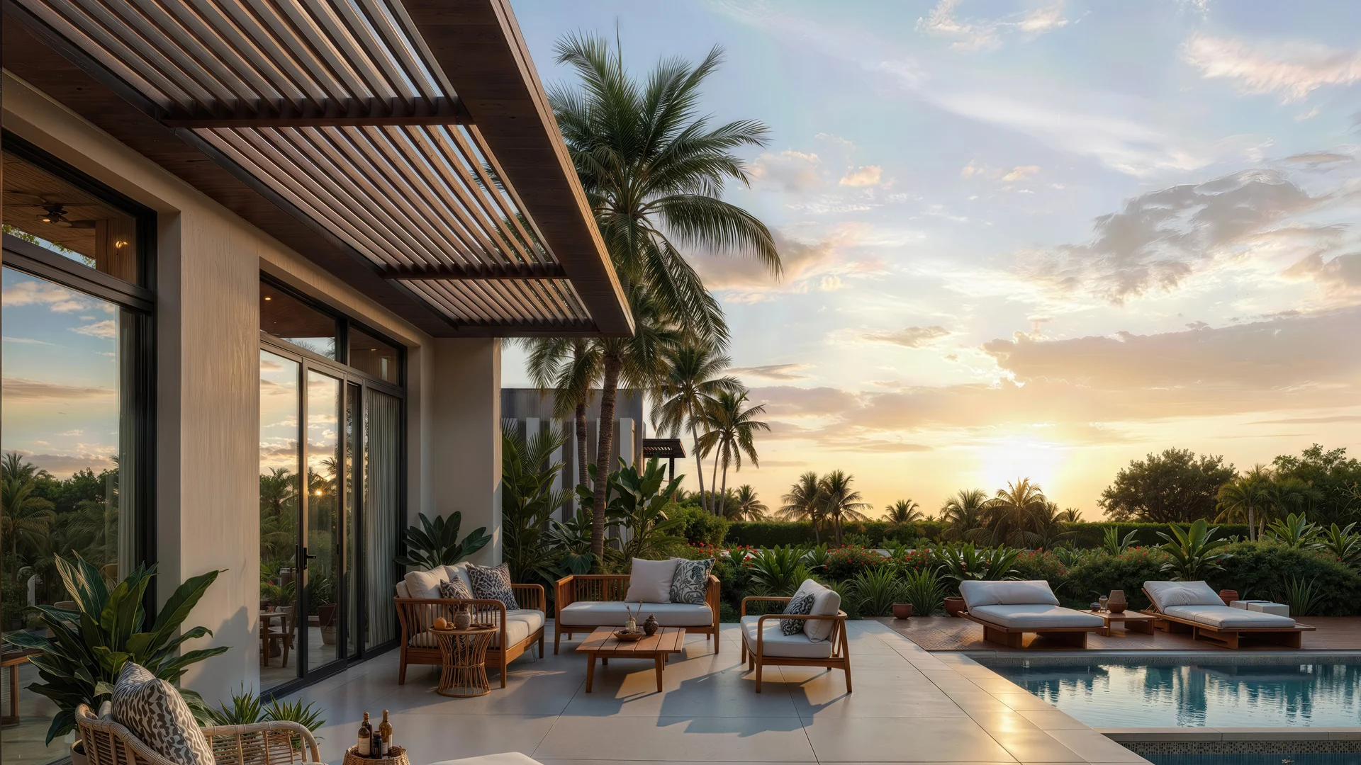 O West residence with landscaped terrace and sunset view